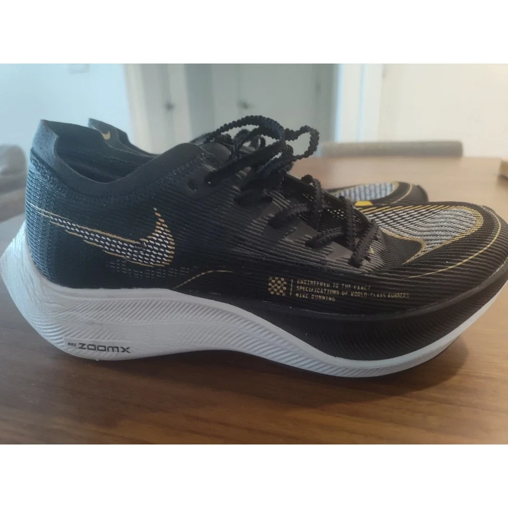 Nike ZoomX Vaporfly Next% 2 Black Gold Running Shoes CU4123-001 Womens 9.5